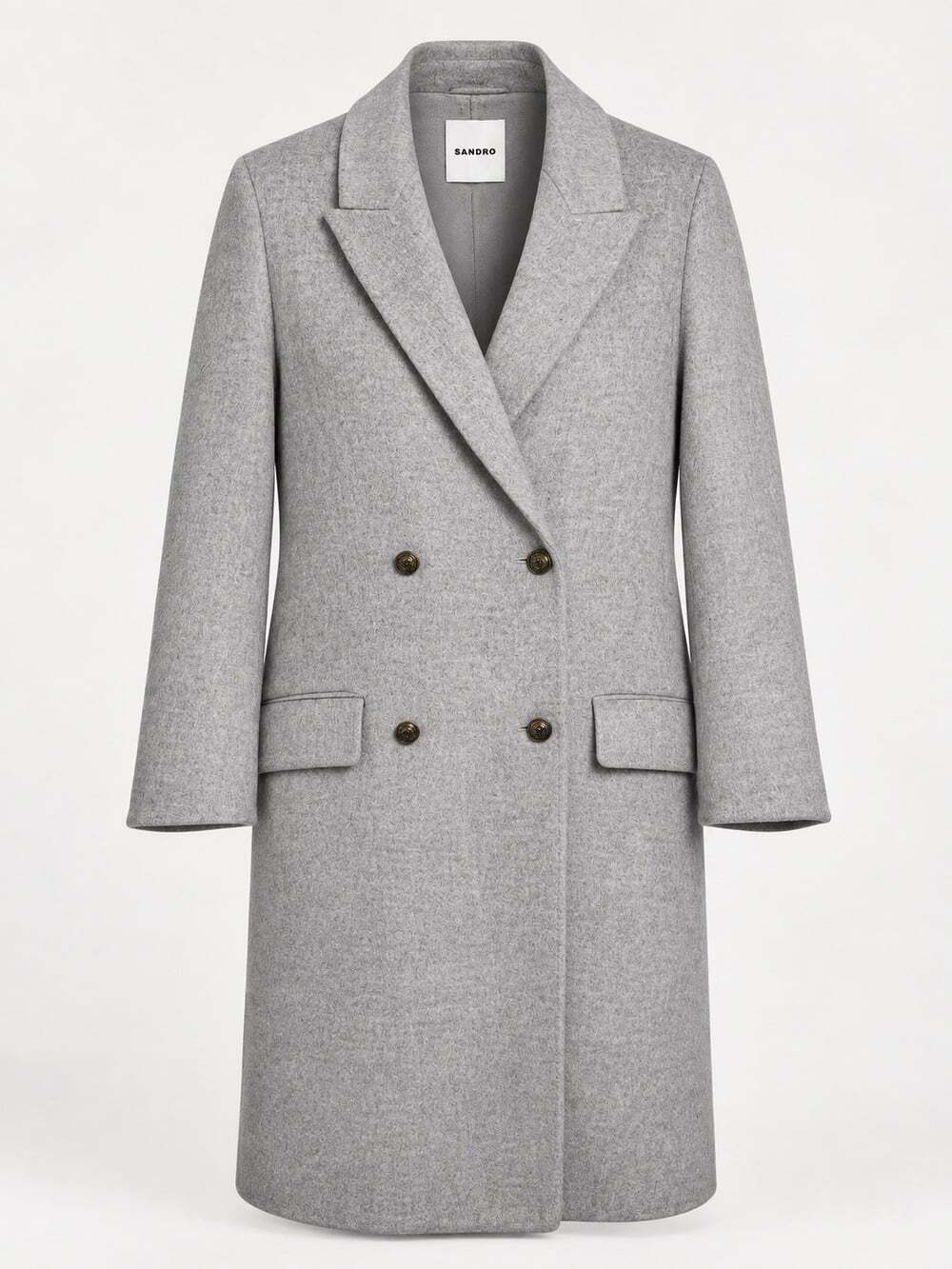 Sandro Double Breasted Wool Coat Grey Women 42 US 10 Long Unlined Minimalist
